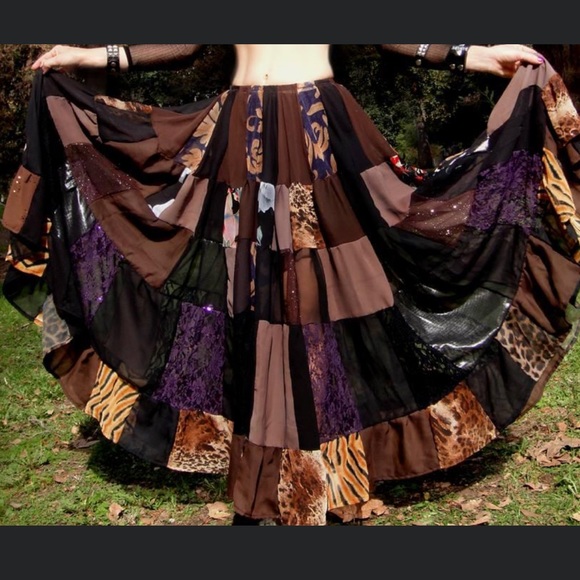 Brown Multicolor Patchwork Skirt, elastic waist. Size M New Ameynra design OOAK - Picture 1 of 4